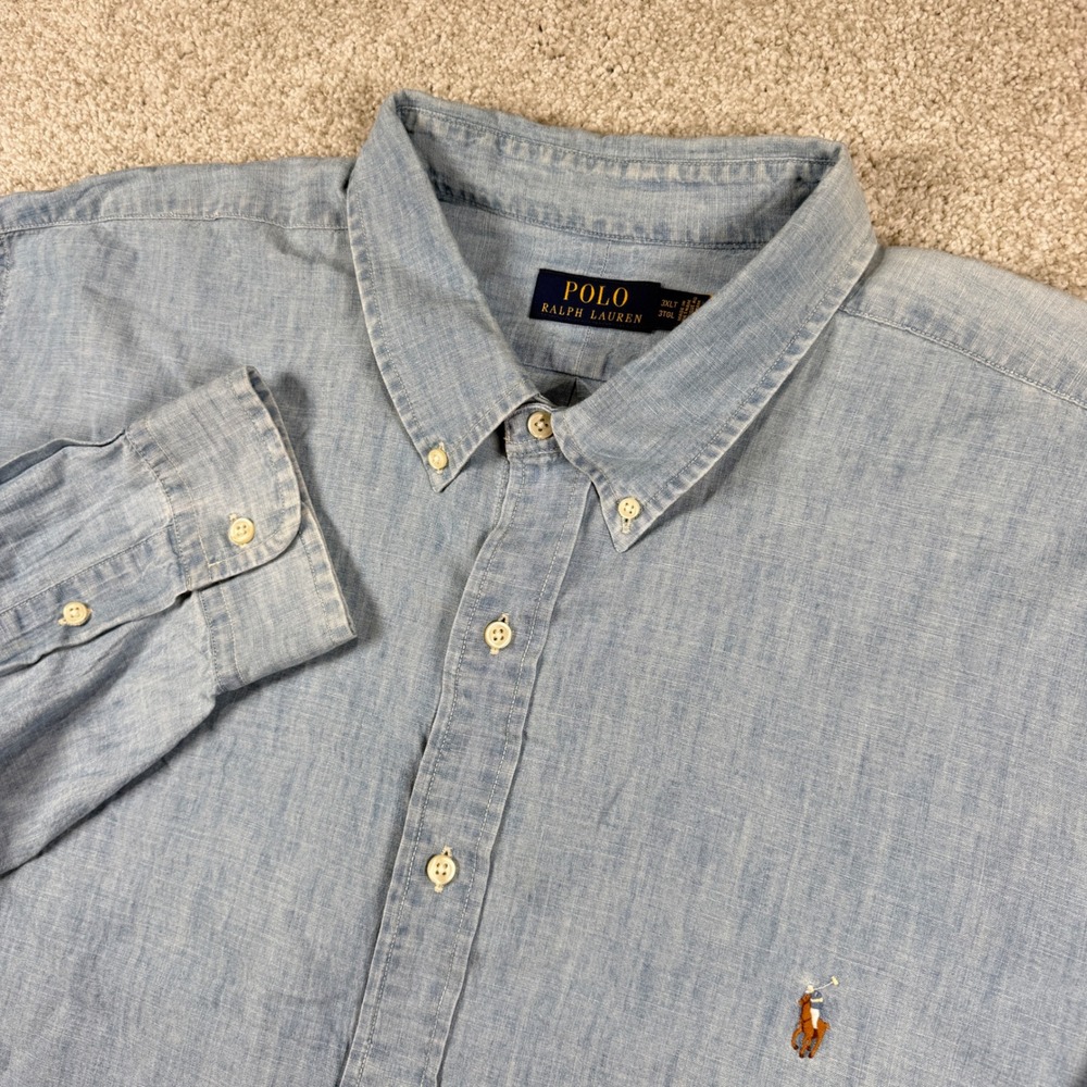 Polo Ralph Lauren Button Down Men 3XLT Light Blue Chambray Long Sleeve Pony Logo